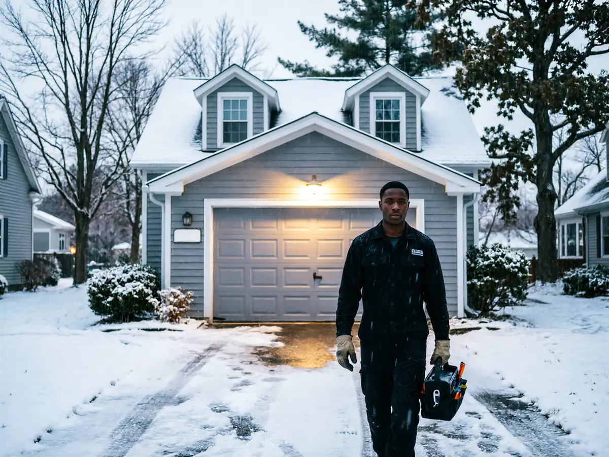 A technician in a black uniform walks in a snowy driveway holding a toolbox.