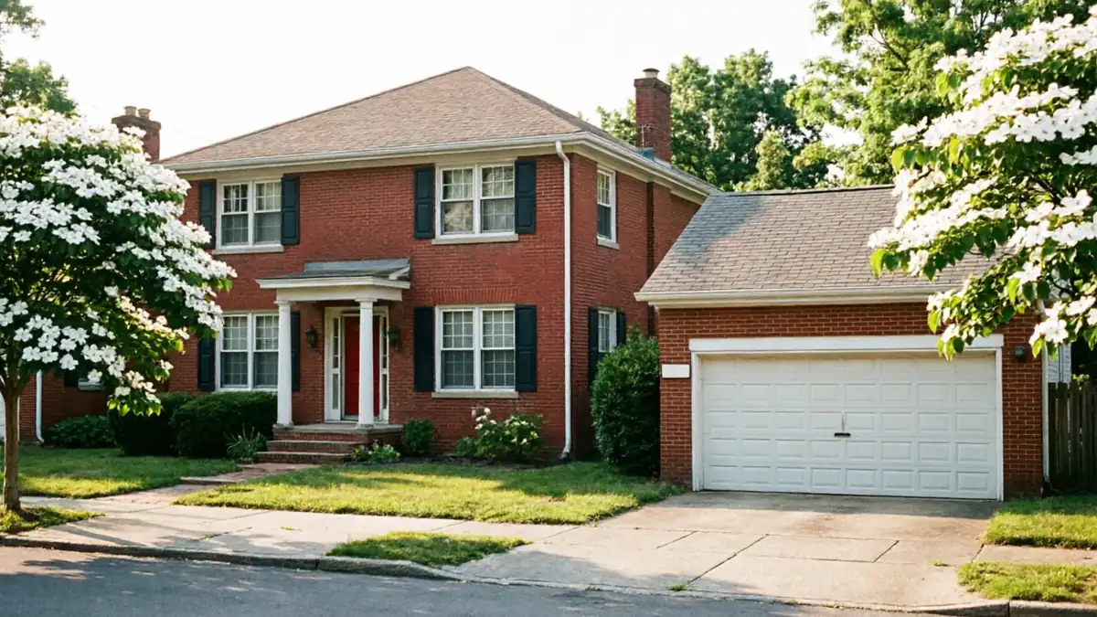 The house has a white garage door, a red brick exterior, and white flowering trees.
