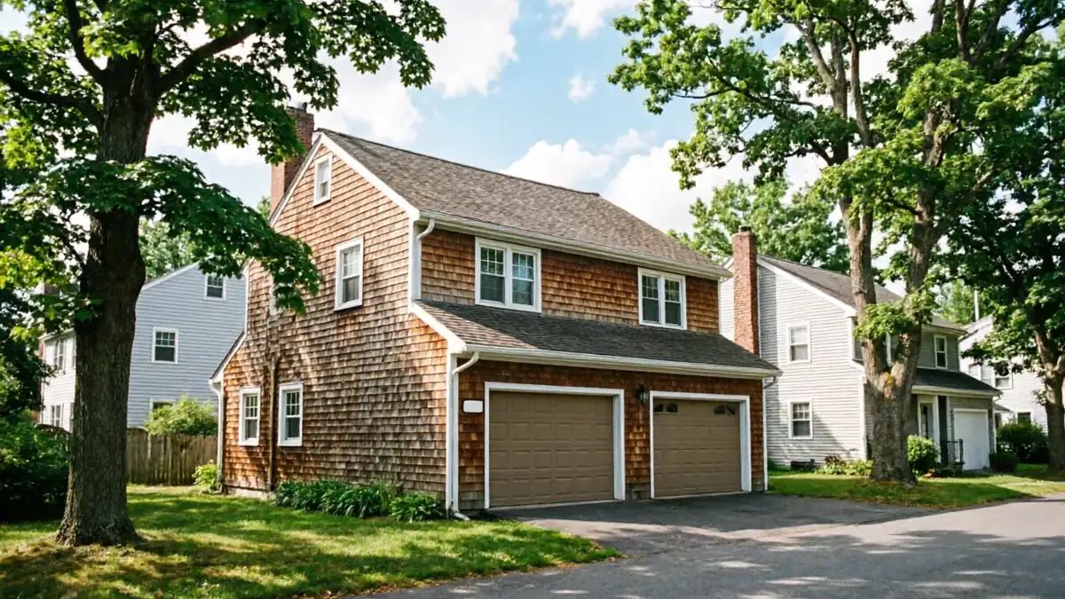A brown shingle house with two brown garage doors is visible on a sunny day.