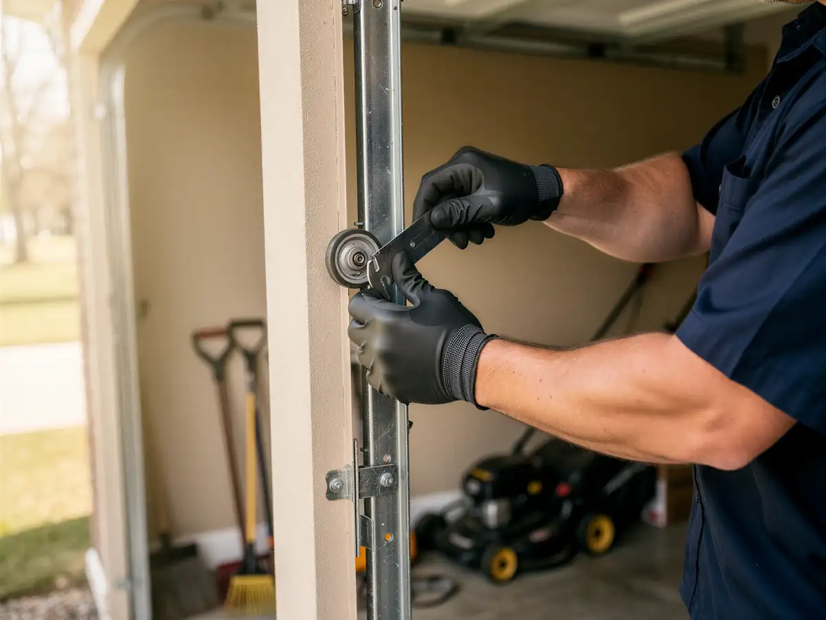 A technician in black gloves adjusts a garage door roller and track.