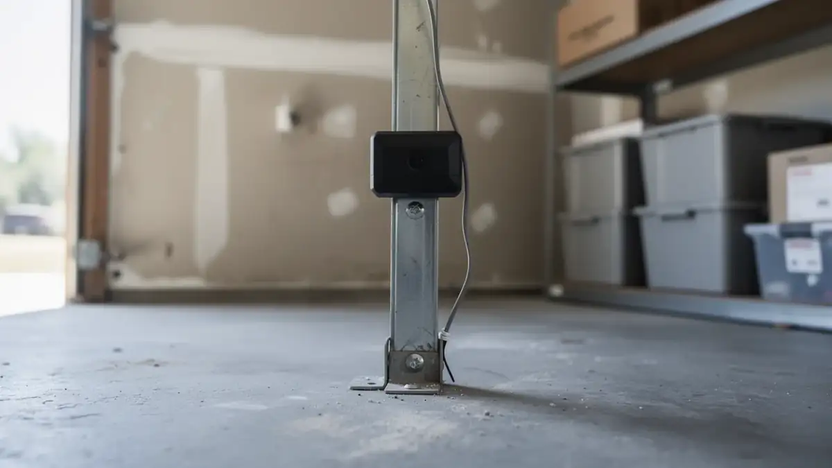 A black sensor is mounted on a metal garage door track.