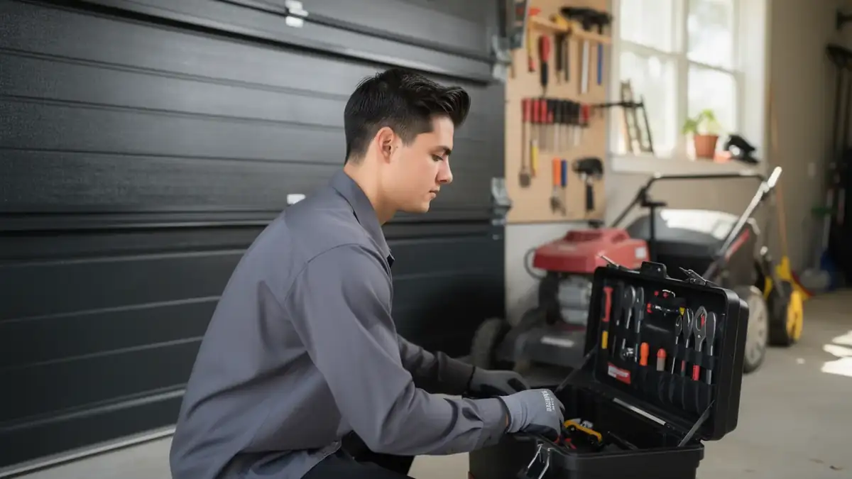 A technician in a gray shirt and gloves is looking into an open toolbox in a garage.